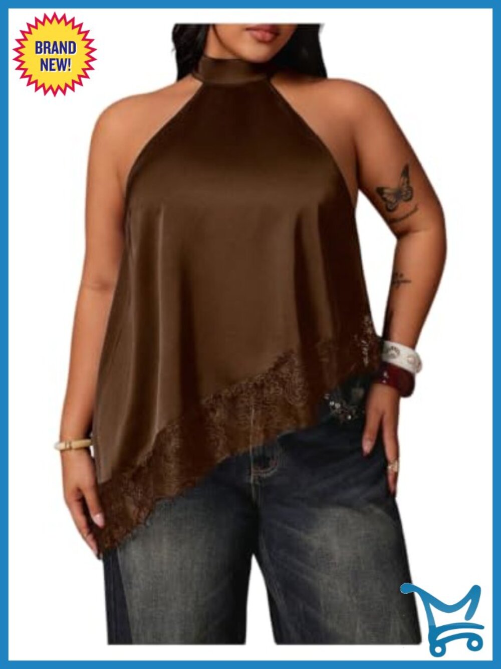 Satin Halter Top Lace Trim Sleeveless Asymmetrical Flowy Y2K Going Out Top